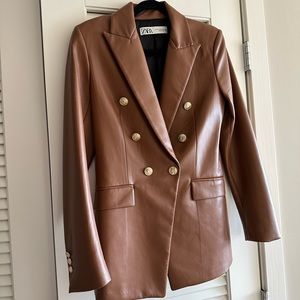 Zara Brown Leather Blazer with Gold Button Details